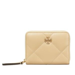 NEW! Tory Burch Small Kira Pave Logo Diamond Quilted Leather Zip Wallet Beige